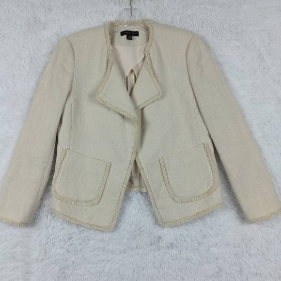 Ann Taylor Womens Jacket Solid Beige Waist Length Open Front Fringe Trim XS - Picture 1 of 9